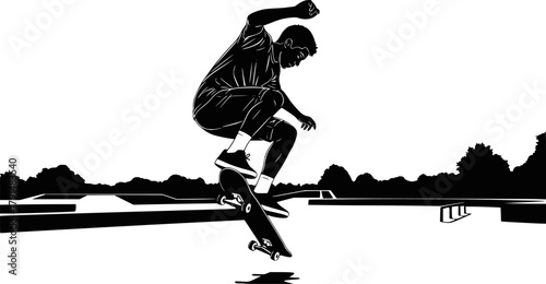 Black silhouette vector illustration of skateboarder in skatepark. Design for extreme sports apparel design, event promotion posters, and website graphics. EPS version.