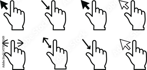 Hand gesture icons, directional arrows, touchscreen interaction symbols, UI navigation elements, pointer movement graphics, silhouette set, cad drawing flat vector illustration
