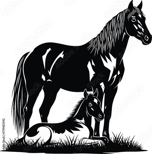 Horse, foal, silhouette, vector, black, white, grass, standing, lying, animal, nature, calm, companion, mane, tail, pasture, peaceful, illustration, farm, countryside, design