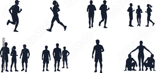 Human silhouette vector, people walking, running, standing, group interaction, fitness activity, social behavior, black art, white background, minimal design