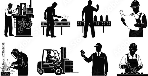 Industrial worker silhouettes, factory roles, manufacturing tasks, welding, forklift, blueprint, conveyor belt, technician, production line, safety gear, vector art