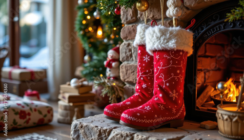 Wallpaper Mural Cozy red Christmas boots with white fur trim sit by warm fireplace, surrounded by festive decorations, Christmas tree, and wrapped gifts, creating joyful holiday atmosphere Torontodigital.ca
