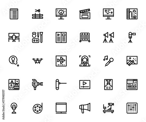 Video Production icon set. Minimal vector icons pack Includes symbols for vide editing, camera, special ffects, storytelling, film studio, recording and mor.