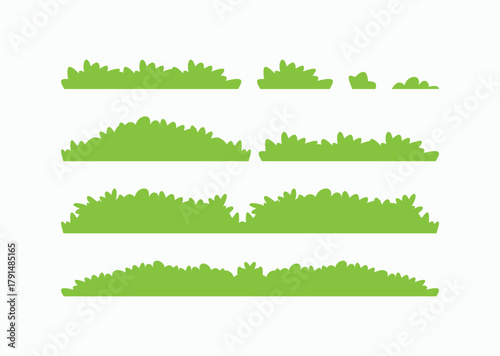 Bright green grass and bush vector set in simple cartoon style. Ideal ground assets for 2D platformer games and nature landscape backgrounds