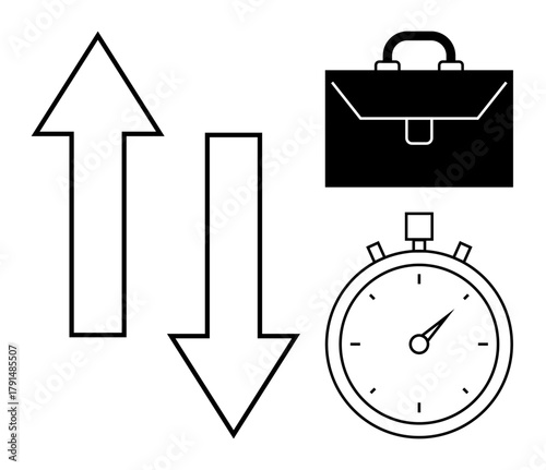Up and down arrows, stopwatch indicating time, and a briefcase for business. Ideal for productivity, decision-making, time management, business planning, growth, prioritization simple flat metaphor