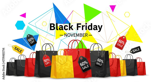 Black Friday November Sale with Shopping Bags and Geometric Shapes.