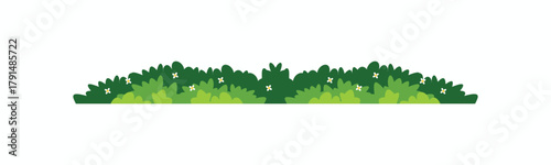 Layered cartoon green bush vector element with small white flowers. Perfect for 2D game environment, horizontal border, and nature design background
