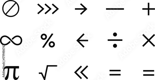 Mathematical and logical symbol set, black vector icons, grid layout, arrows, operators, abstract design, educational, coding, science concept