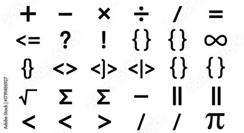 Mathematical and programming symbols set, black vector icons, grid layout, logic operators, equations, abstract design, educational, coding concept