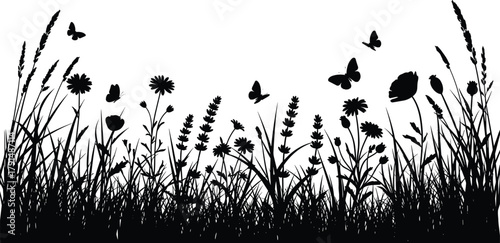 Meadow silhouette, wildflowers and butterflies, nature vector, floral clipart, black illustration, grass field, pollinator scene, outdoor art, botanical design.eps