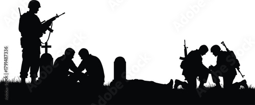 Military, silhouette, mourning, soldier, grave, rifle, comradeship, loss, war, tribute, fallen, respect, emotional, vector, black, illustration, battlefield, honor, remembrance, sacrifice