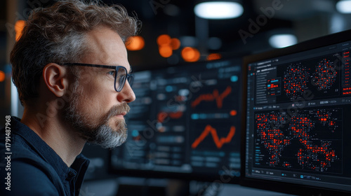 Focused analyst data dashboard cyber security network map threat detection modern office night technology monitoring professional. Focused analyst studies data dashboard with cyber security