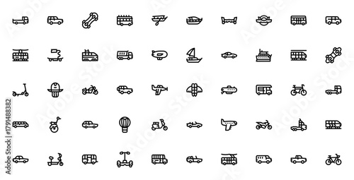 Transport icon set. Vector vehicle collection. Miniml thin line icons pack. Inludes symbols for car, bus bike, scooter, truck, airlane, train, boat and more Editable stroke.