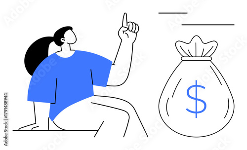 Woman pointing upwards beside a money bag with a dollar sign, emphasizing financial goals, saving, income generation, education, investment growth, wealth planning, motivation. A simple flat metaphor