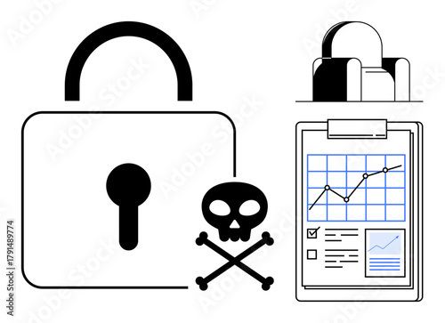 Lock symbol with skull, clipboard showing progress graphs, and a broken secure system. Ideal for cybersecurity, data breach, online safety, system vulnerability, hacking awareness, risk management
