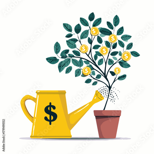 Growing wealth from a money tree watered by a yellow watering can with a dollar sign