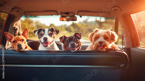 Pack of dogs enjoying a car journey during summer. Pets looking forward, smiling, depicting happiness and companionship