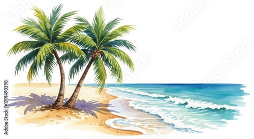Watercolor painting of two palm trees on a sandy beach with ocean waves crashing on the shore isolated on white background