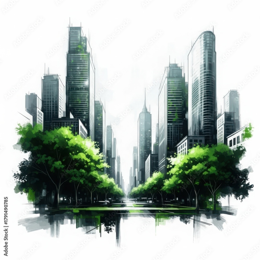 Obraz premium Modern city skyline with lush green trees and water reflection isolated on white background