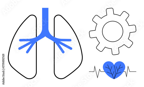 Lungs with bronchi branches, a heart with veins, a heartbeat line, and a gear representing health, system functions, and medical innovation. Ideal for healthcare, respiratory system, medical