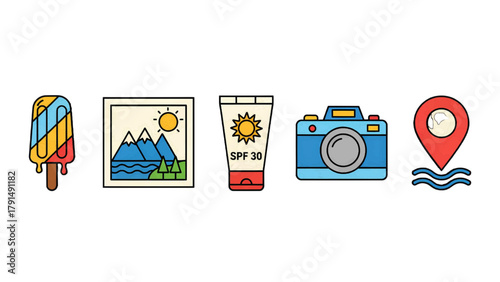 Vector illustration of set of travel and vacation icons including popsicle, photo, sunscreen, camera, and map pin on a transparent background