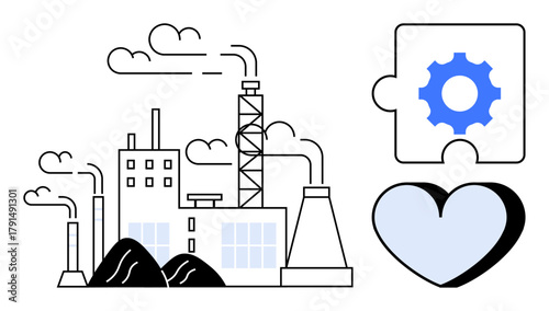 Factory emitting smoke with coal piles, paired puzzle showing synergy of technology and sustainability. Ideal for industry, innovation, sustainability, environmental care, teamwork, problem-solving