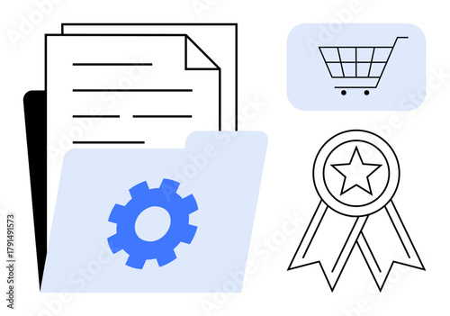 Documents in a folder with a gear, a shopping cart, and a ribbon with a star. Ideal for data management, organization, e-commerce, achievements, workflow efficiency, customer success and task