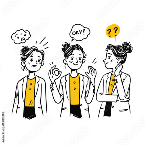 Three women in a conversation, one looking confused, another giving an okay gesture, and the third looking thoughtful, representing communication and understanding