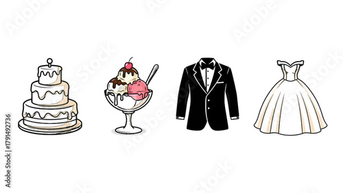 Vector illustration of wedding icons including cake, ice cream, tuxedo, and wedding dress on a transparent background