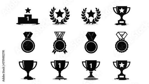 Vector illustration of award and achievement icons podium, laurel wreath, medal, and trophy on a transparent background