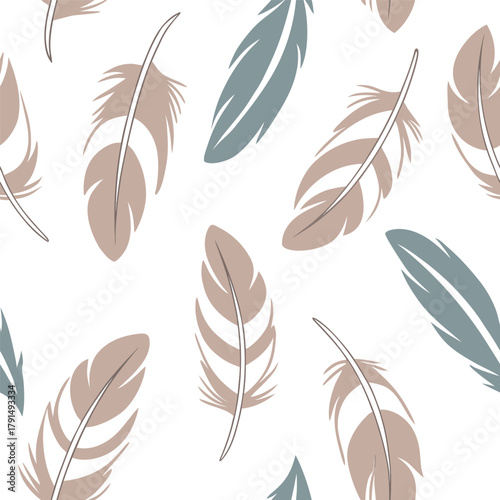 Seamless feather pattern with soft neutral colors. Repeatable seamless pattern.