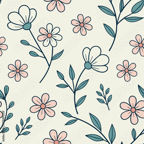 Floral seamless pattern with delicate wildflowers and leaves. Repeatable seamless pattern.
