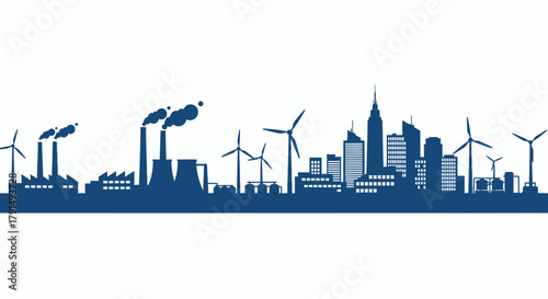 Silhouette illustration of a cityscape combining industrial factories with smokestacks and wind turbines, representing a mix of traditional and renewable energy sources.