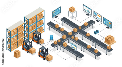 Isometric illustration of a warehouse with forklifts moving boxes, conveyor belts transporting packages, and computer monitors displaying data.