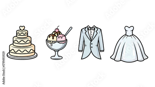 Vector illustration of wedding icons cake, ice cream, tuxedo, and dress on a transparent background