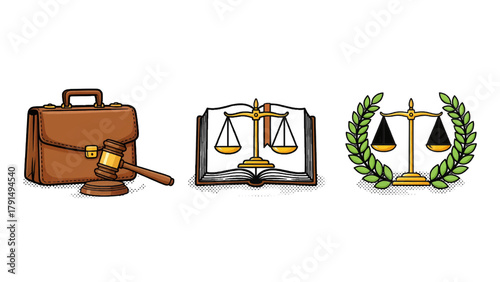 Vector illustration of law and justice symbols including a briefcase, gavel, scales of justice, and law book on a transparent background