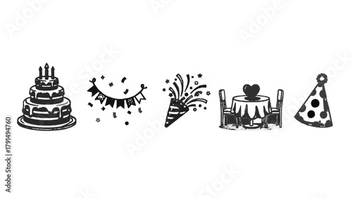 Vector illustration of collection of handdrawn birthday party icons on a transparent background