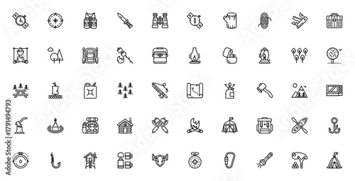 Outdoor Collection_9866 icon set. Camping and hikingvector icons. Features comass, backpack, tent, fishig rod, campfire, axe, map,rope and more. Editable stoke.