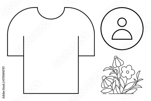 Black outline T-shirt, circle profile icon, and floral illustration with leaves and blooms. Ideal for apparel design, personal branding, identity, minimalism, eco-friendly themes, nature integration