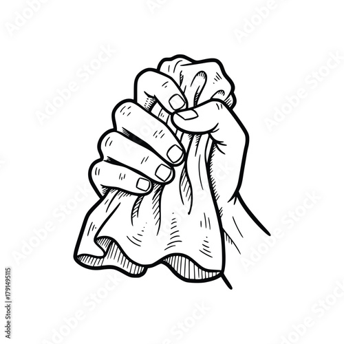 Hand Squeezing Cloth Detailed Line Art Illustration.