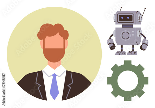Man in suit and tie alongside friendly robot and gear. Ideal for technology, AI, innovation, teamwork, automation, leadership, business progress, simple flat metaphor