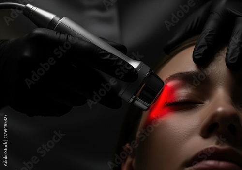 Professional performing radiofrequency thermal skin tightening treatment on a woman face
