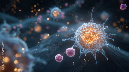 Medical Visualization of CAR T-Cell Therapy Attacking Cancer Cell - Microscopic Immunotherapy Research