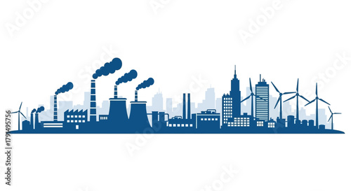 Silhouette illustration of a city skyline featuring factories with smoking chimneys alongside wind turbines, representing energy production and urban landscape.