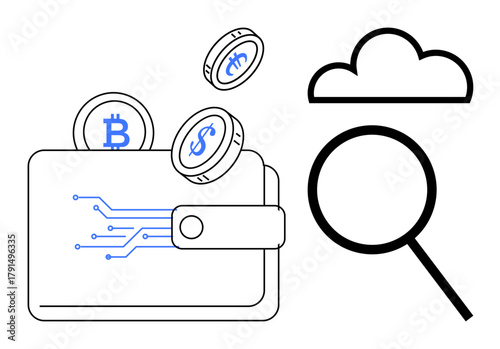 Wallet with digital circuits, cryptocurrency coins, search magnifier, and cloud. Ideal for blockchain, finance, digital payment, technology, security cryptocurrency operations modern economy