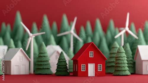Red house surrounded by green trees and wind turbines in winter forest, christmas holiday scene, eco friendly energy