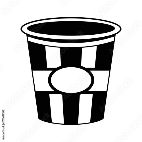 Black and white striped popcorn bucket with blank oval label