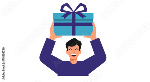 Man Holding a Gift Box Above His Head with Joy.