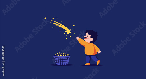 Little child joyfully reaching for a magical falling star in the night sky.