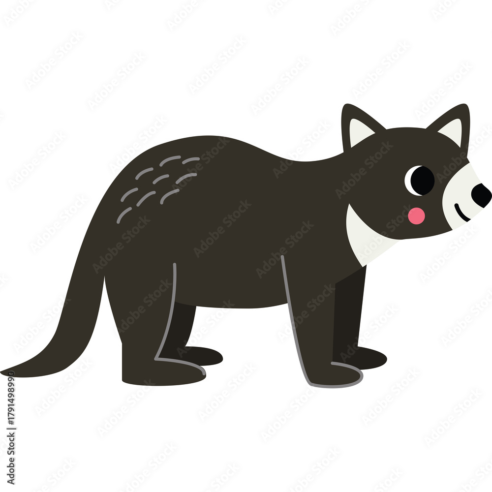 Fototapeta premium Cartoon illustration of a small black Tasmanian devil standing on a transparent background with a white chest and pink cheeks